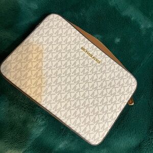 Michael Kors White and Tan Logo Pouch